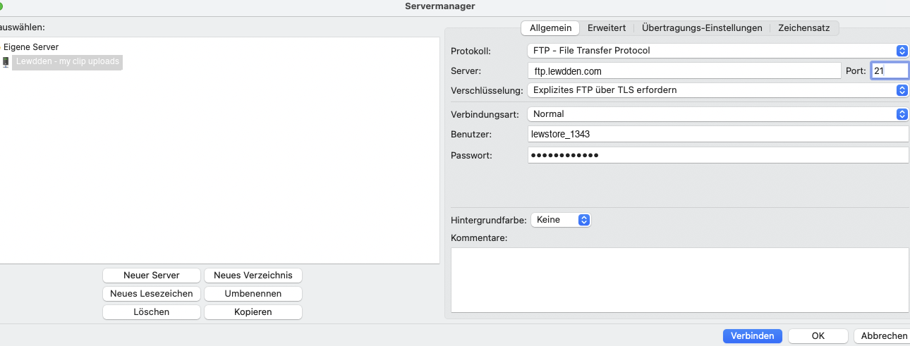 FileZilla's Site Manager set up with the correct settings
