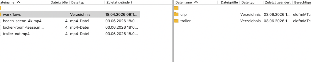 FileZilla showing the clip/ and trailer/ folders with a file being dragged in