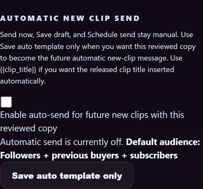 Area di lavoro di trasmissione con la sezione “Invio automatico di nuove clip” + la casella di controllo “Abilita invio automatico” + il pulsante “Salva solo modello automatico”.