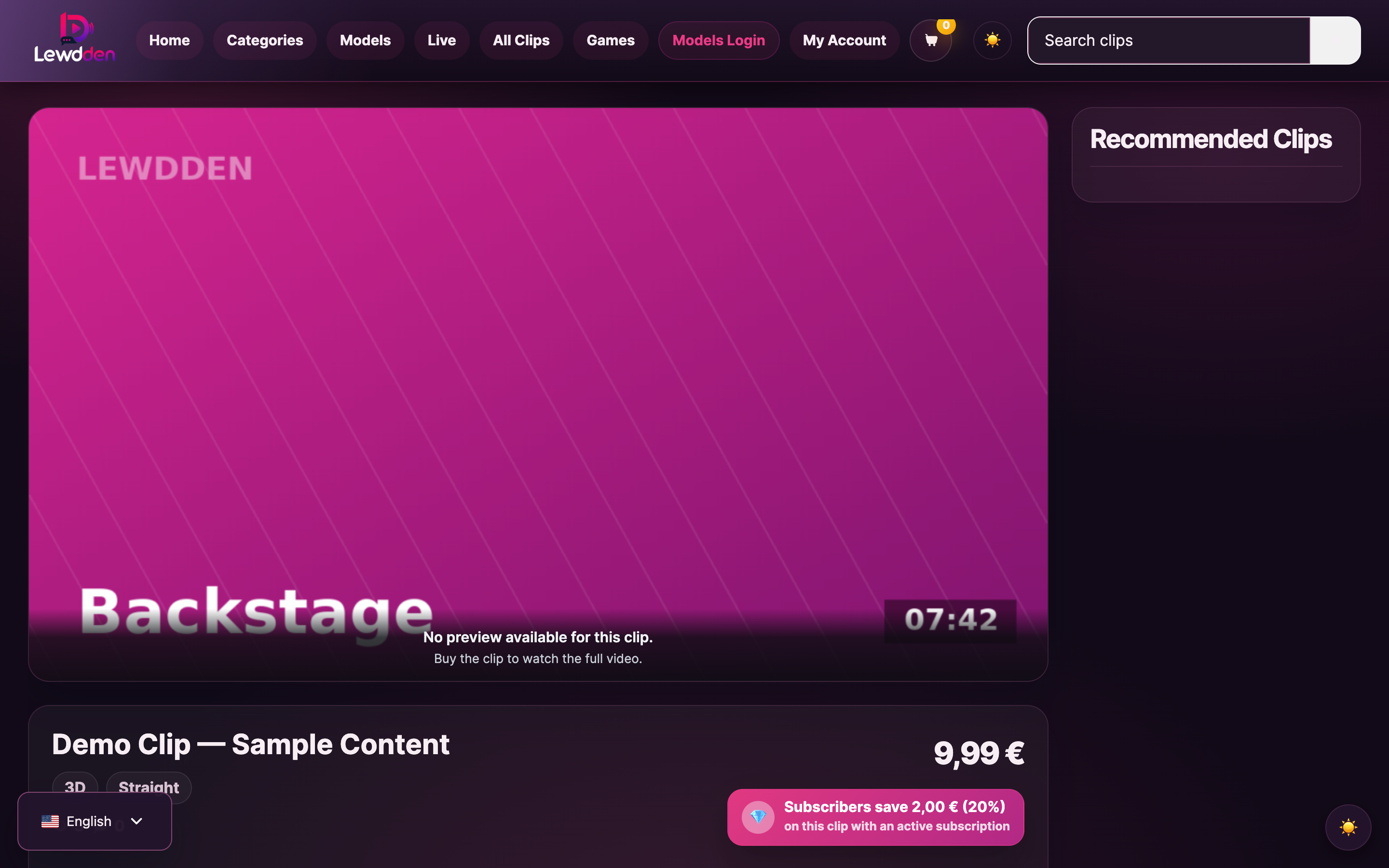 A clip page — title, price, trailer preview and the Add to cart button.