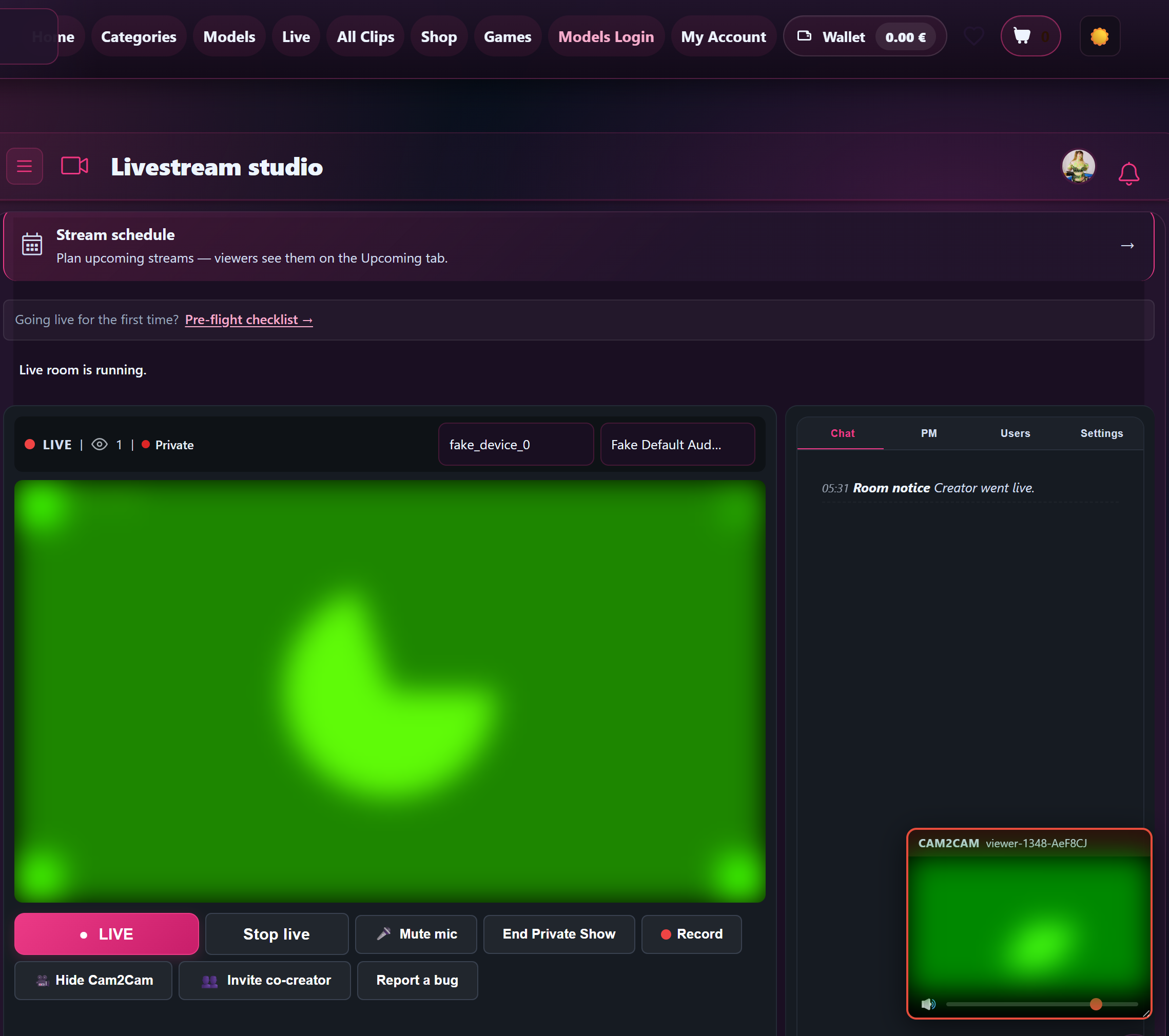 Okienko cam2cam w twoim studiu: wideo, nazwa i suwak głośności widza.