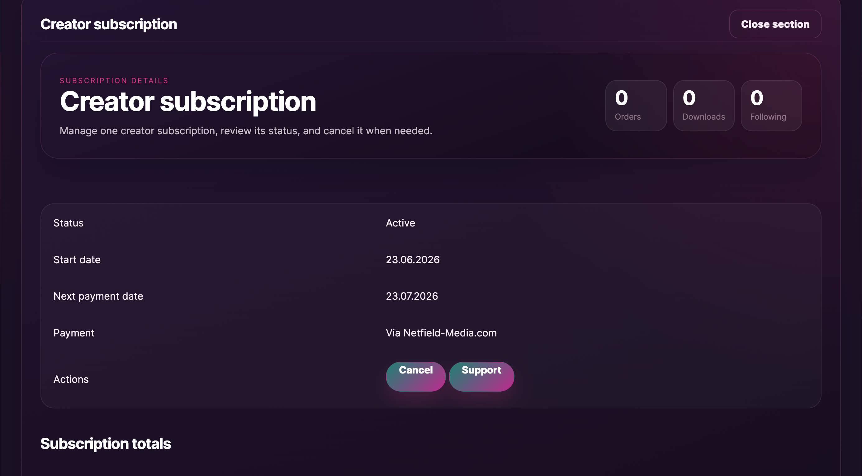 Subscription details page with the Cancel button visible in the actions row.