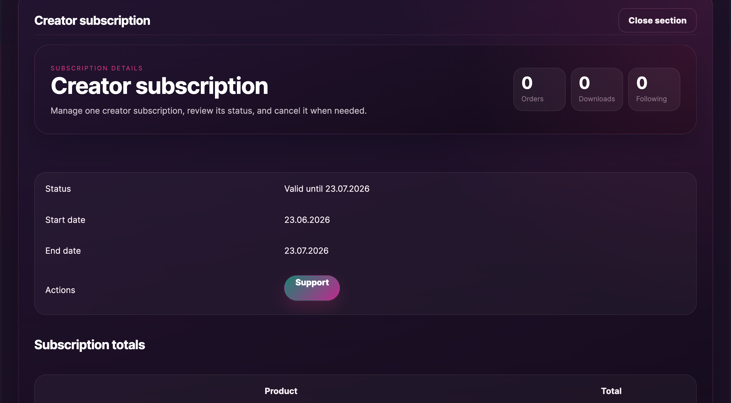 Subscription details page after cancel, status showing "Pending cancellation" with the access-until date.
