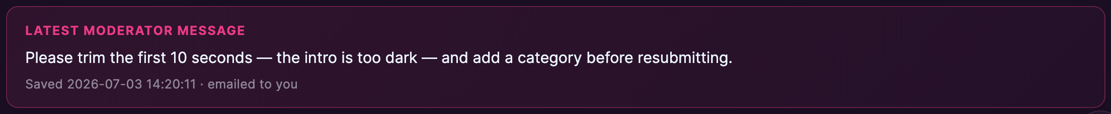A Changes needed message on a clip's edit page