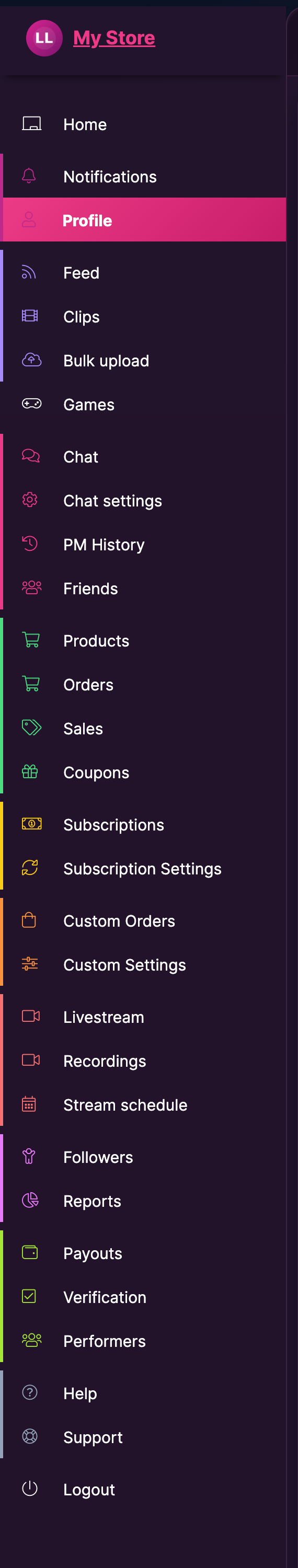 The Store Manager menu with Profile highlighted.