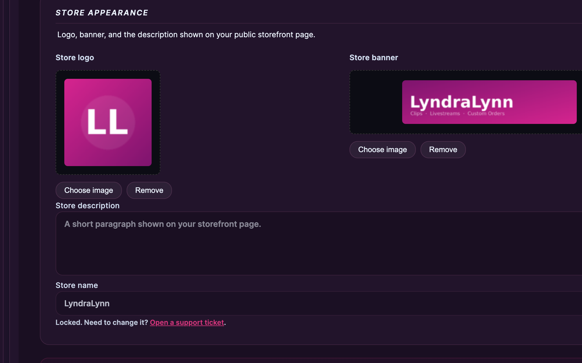 Store appearance — logo and banner pickers, the description, and the locked store name.