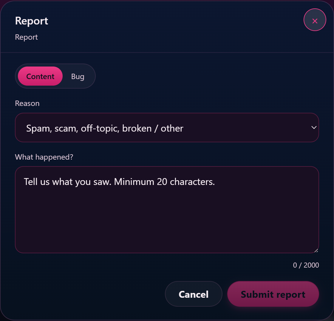 Report modal open on the Content tab with Reason set to "Copyright / DMCA / impersonation".