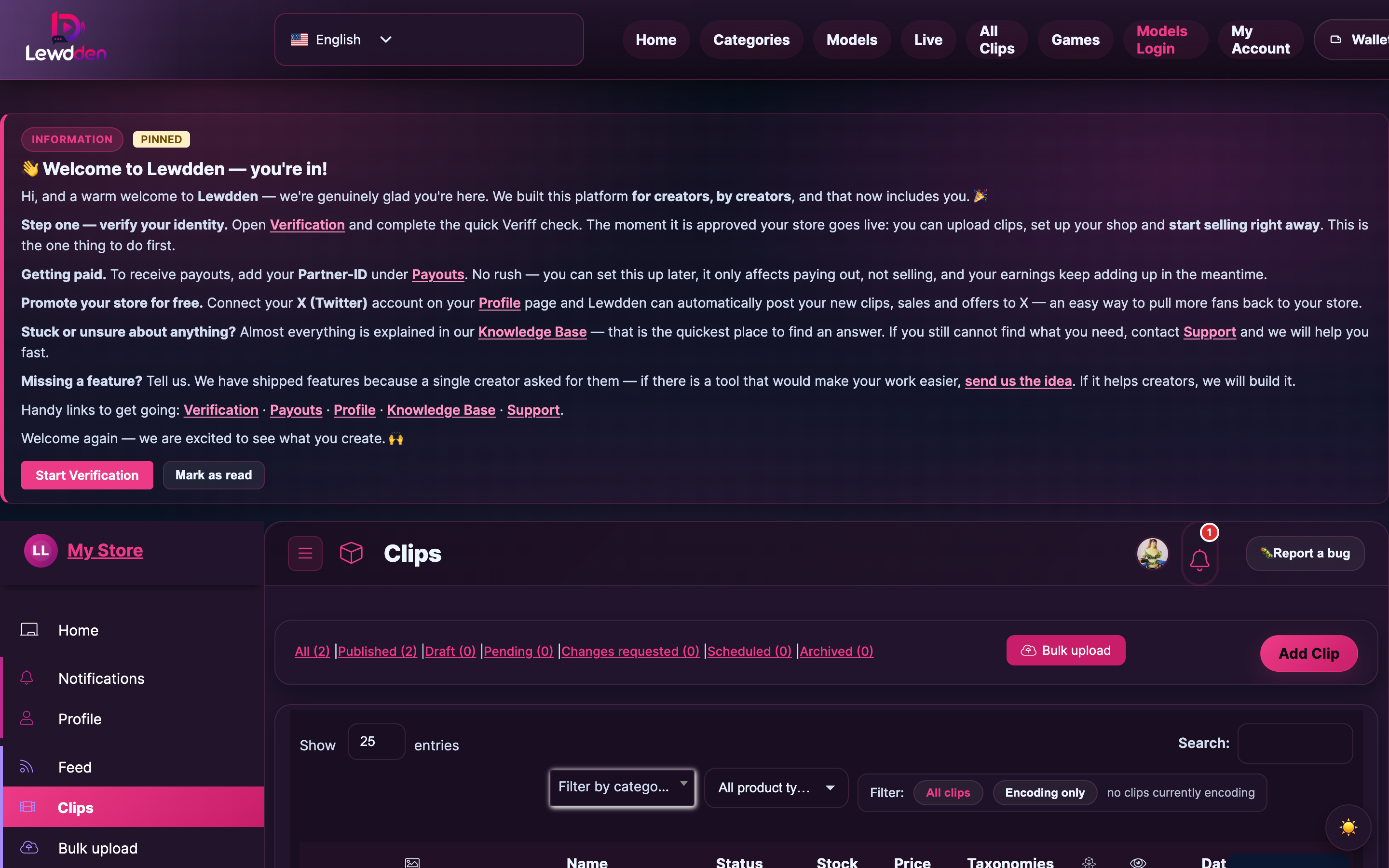 Clips management list with status badges and row actions.