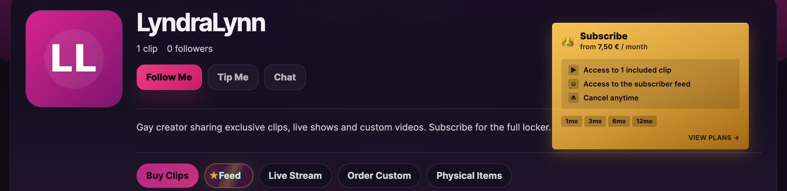 Creator storefront with the Follow Me button and Feed tab.