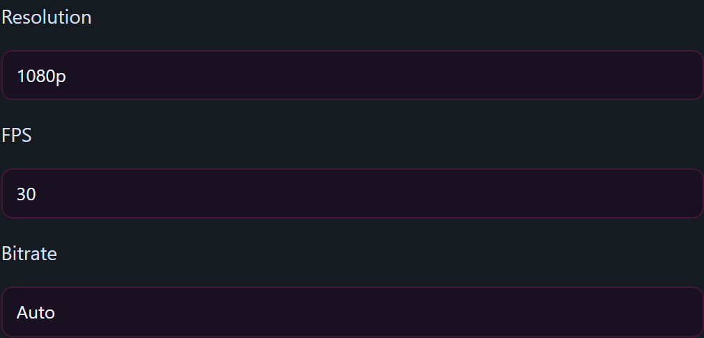 Stream Qualitätseinstellungsfeld — Dropdowns für Auflösung, FPS und Bitrate.