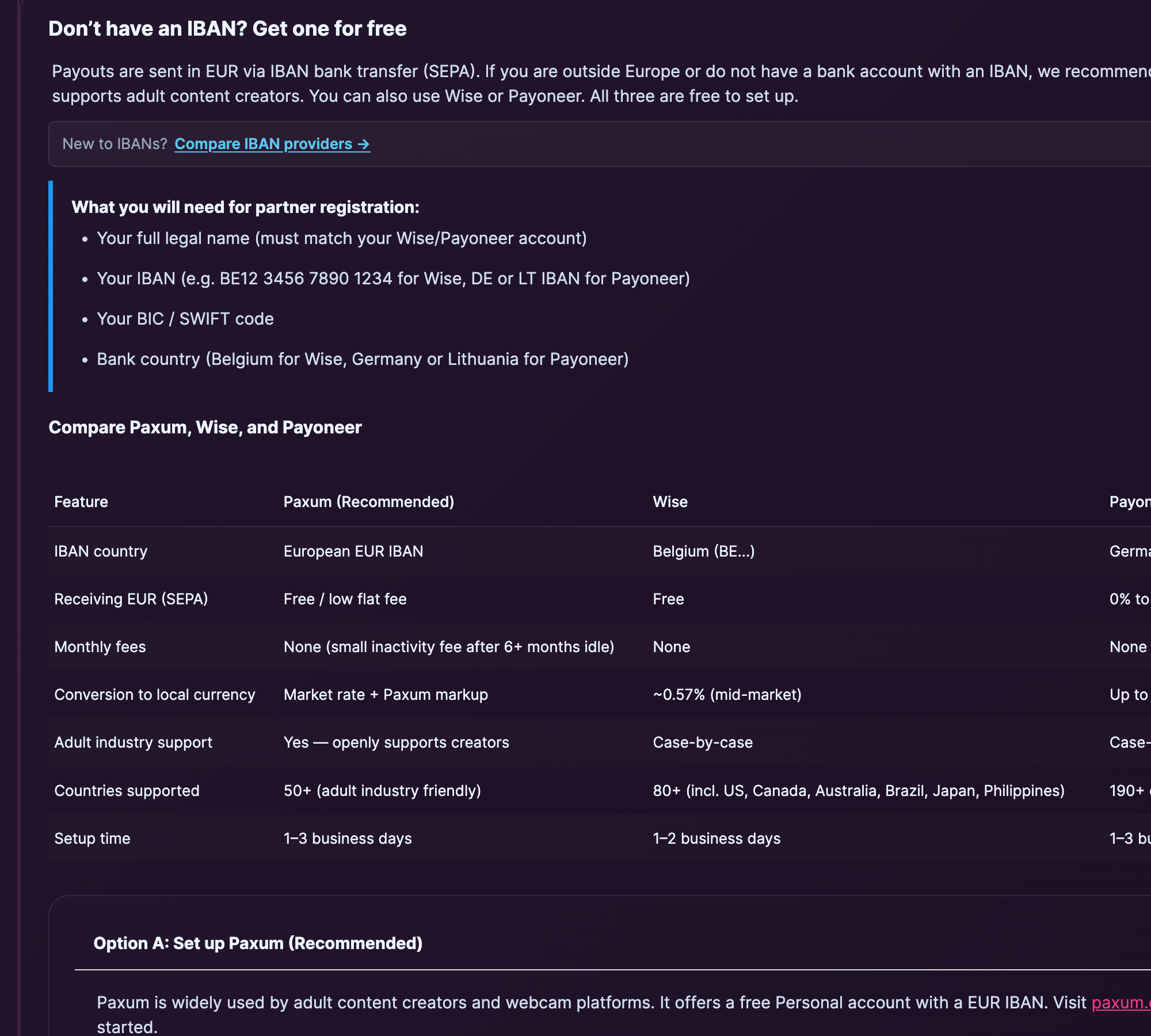 The IBAN-provider comparison on the payouts page — Paxum, Wise and Payoneer side by side.
