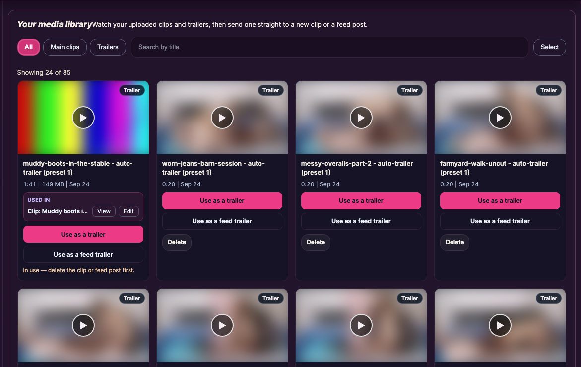 Your media library: All, Main clips and Trailers filters, a search field and cards with type, name, length and Use buttons.