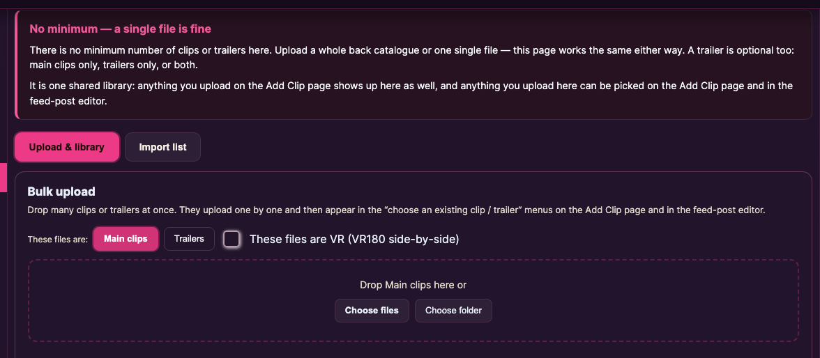 The bulk uploader page: the Upload & library and Import list tabs, the Main clips / Trailers buttons, the VR switch and the drop zone.