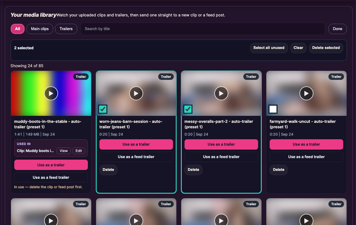 Select mode in the media library with two unused videos ticked and the Delete selected button.