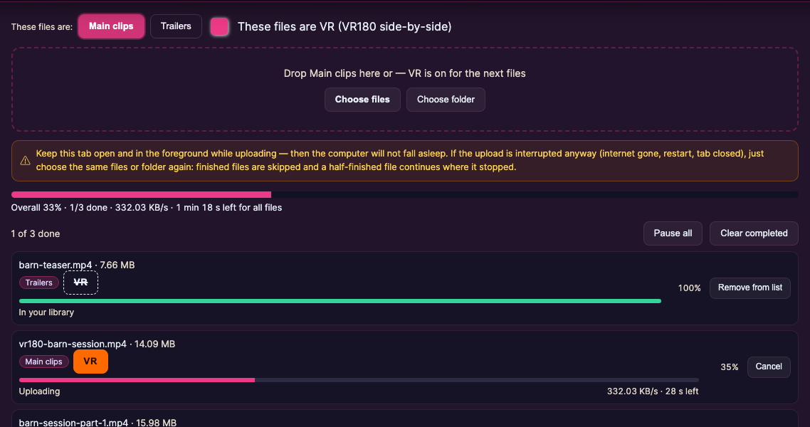 The upload queue with VR turned on: each file carries a VR tag, and the drop zone says VR is on for the next files.