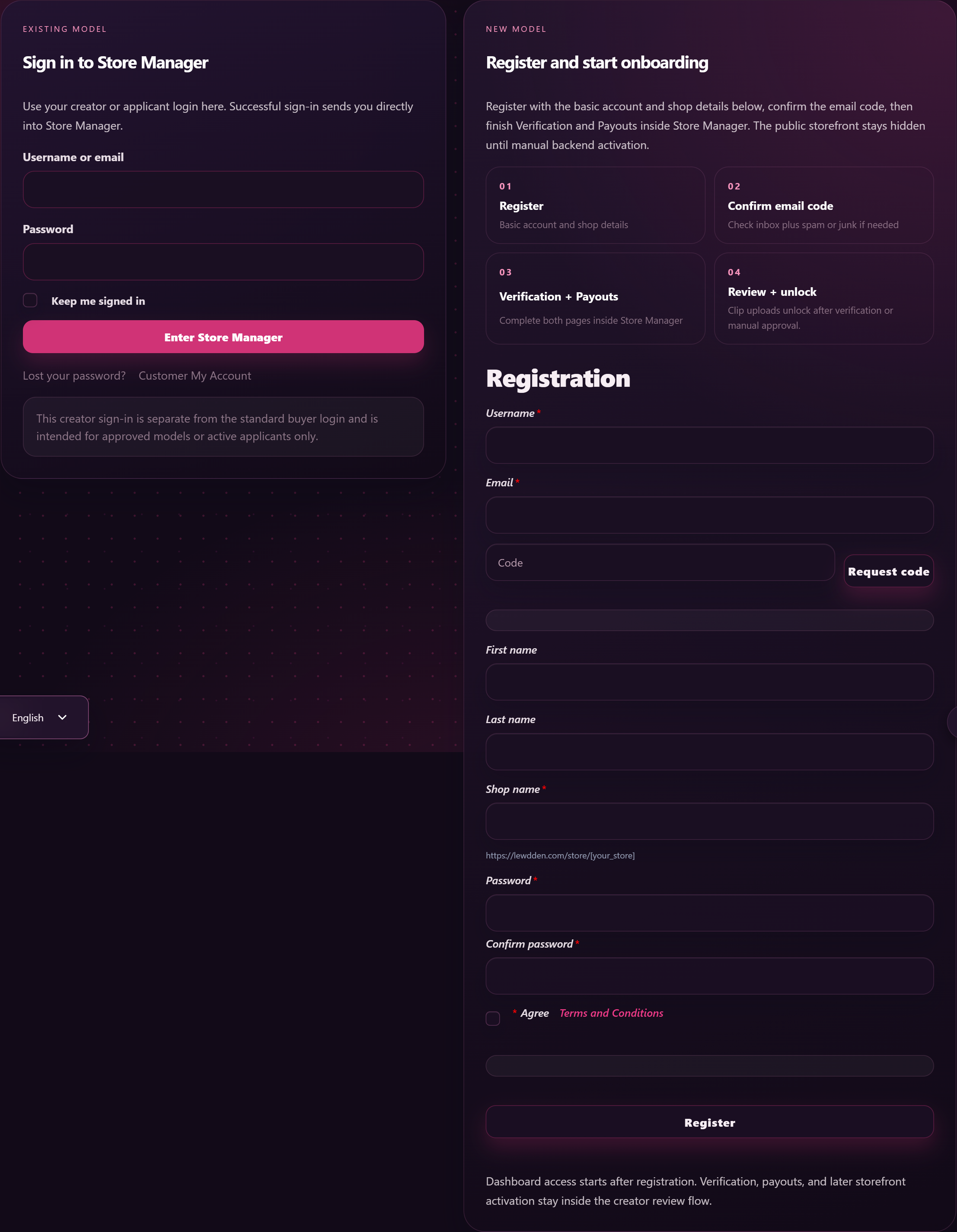 The /models-login/ page with the existing-creator login on the left and the new-creator registration form on the right.