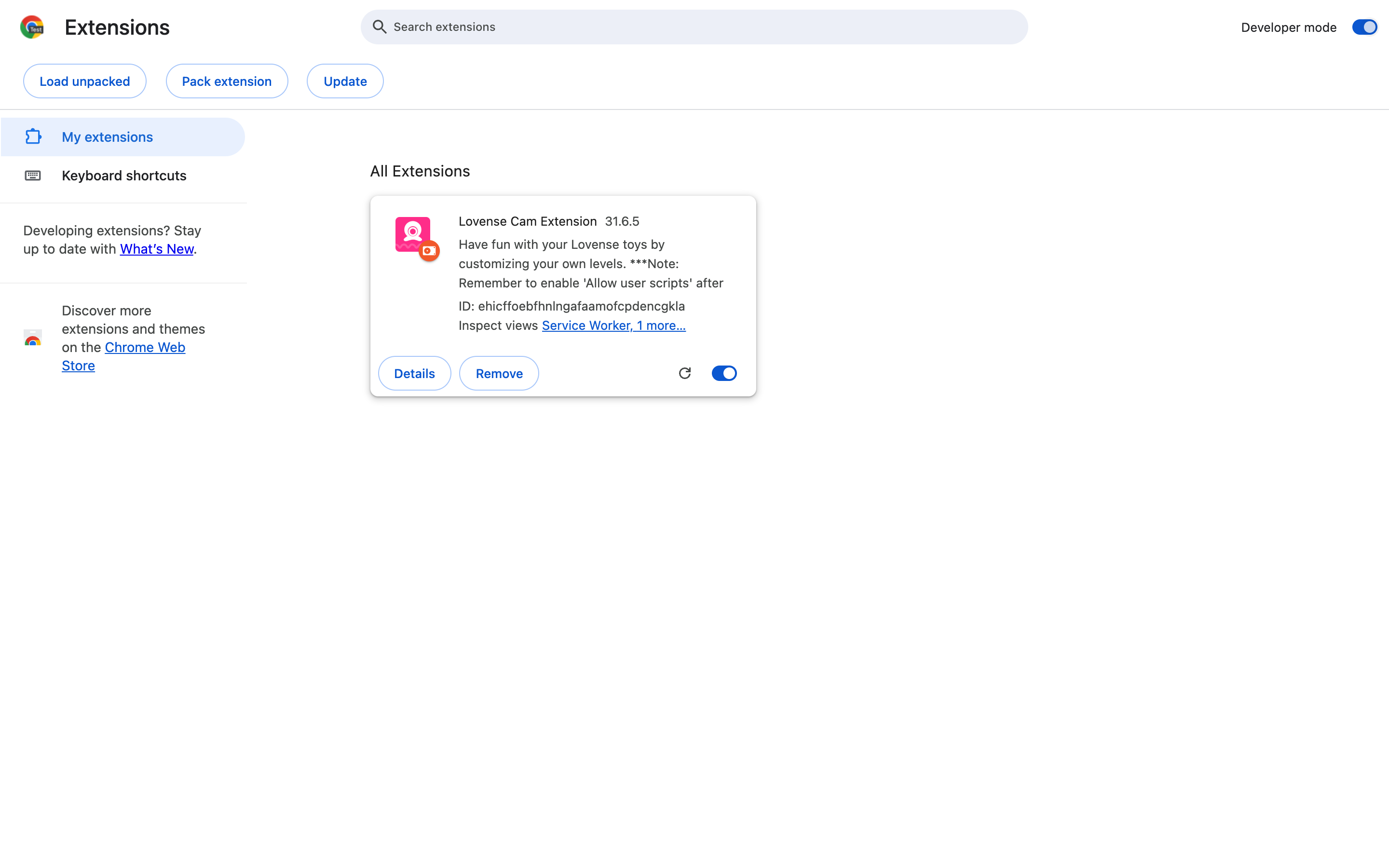 chrome://extensions with Developer mode ON — the Lovense Cam Extension loaded unpacked.