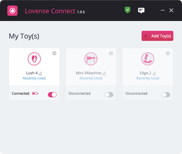 Lovense Connect with the toy connected — the bridge between toy and computer.