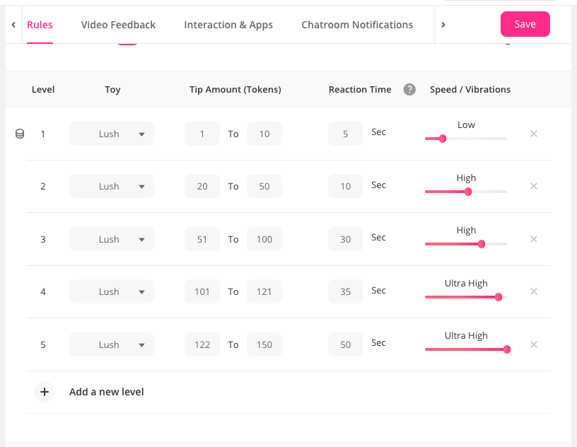 Tip levels in the extension settings: token ranges, reaction time and vibration strength per level.