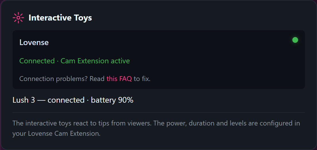 The Interactive Toys panel in your Lewdden studio: connection status, connected toys and the action log.