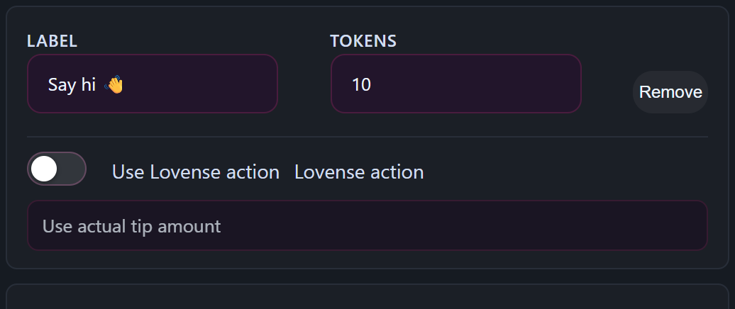 Tip-menu items mapped to Lovense levels — the token amount locks to the level threshold.