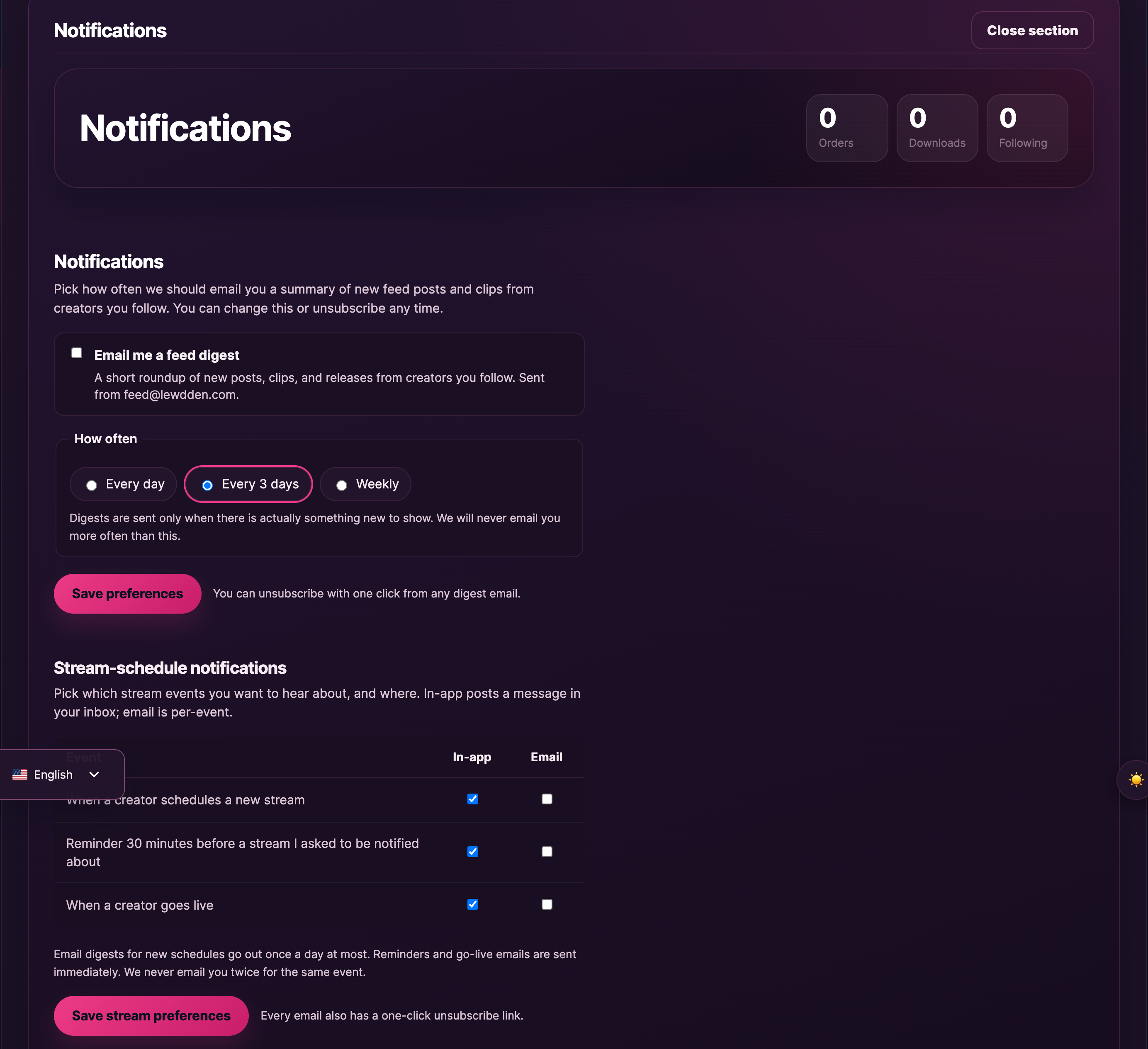 /mein-konto/notification-preferences/, wobei beide Abschnitte sichtbar sind.