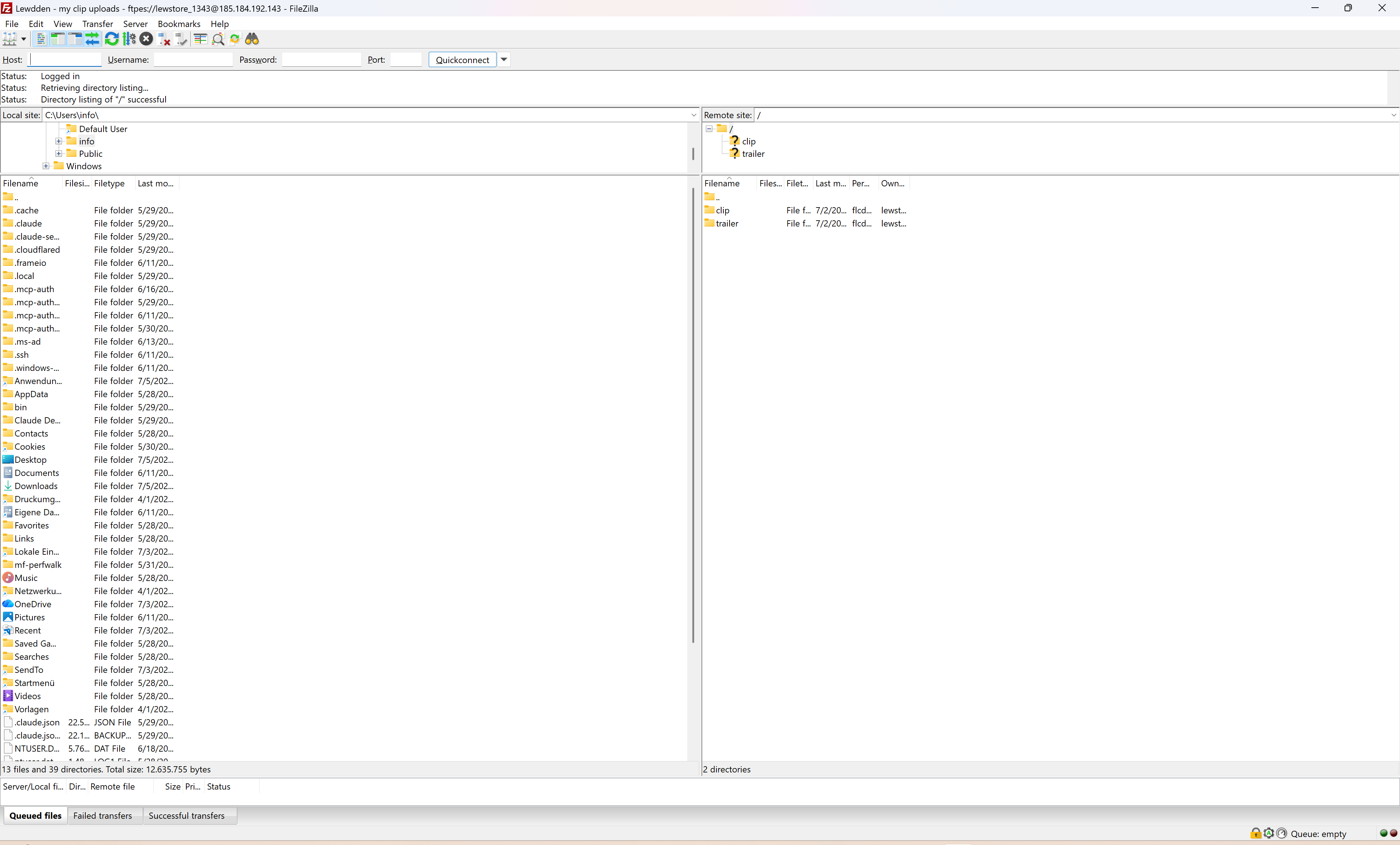 FileZilla connected over explicit FTPS: local files on the left, your remote upload folders (clip, trailer) on the right.