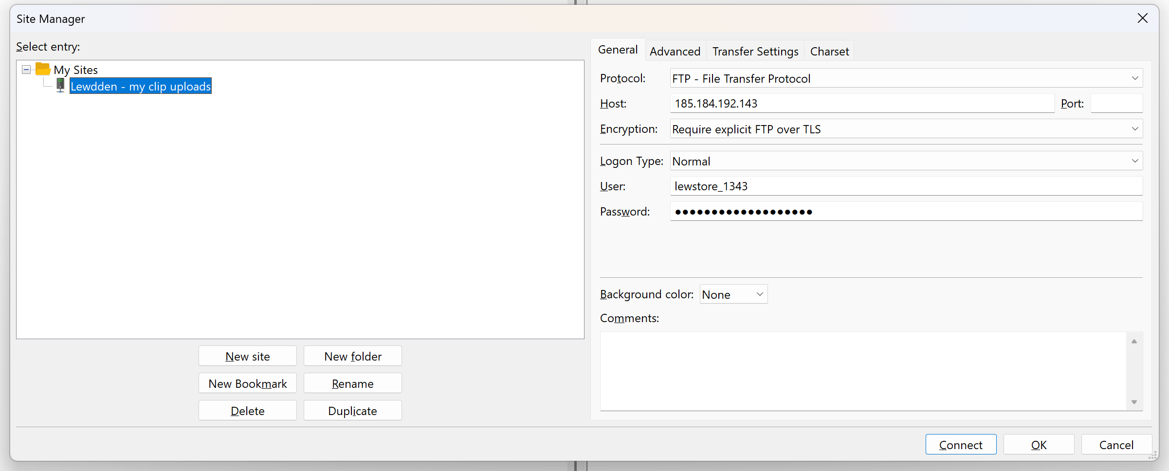 FileZilla Site Manager: Protocol FTP, Host ftp.lewdden.com, Encryption Require explicit FTP over TLS, Logon Type Normal, plus your username and password.
