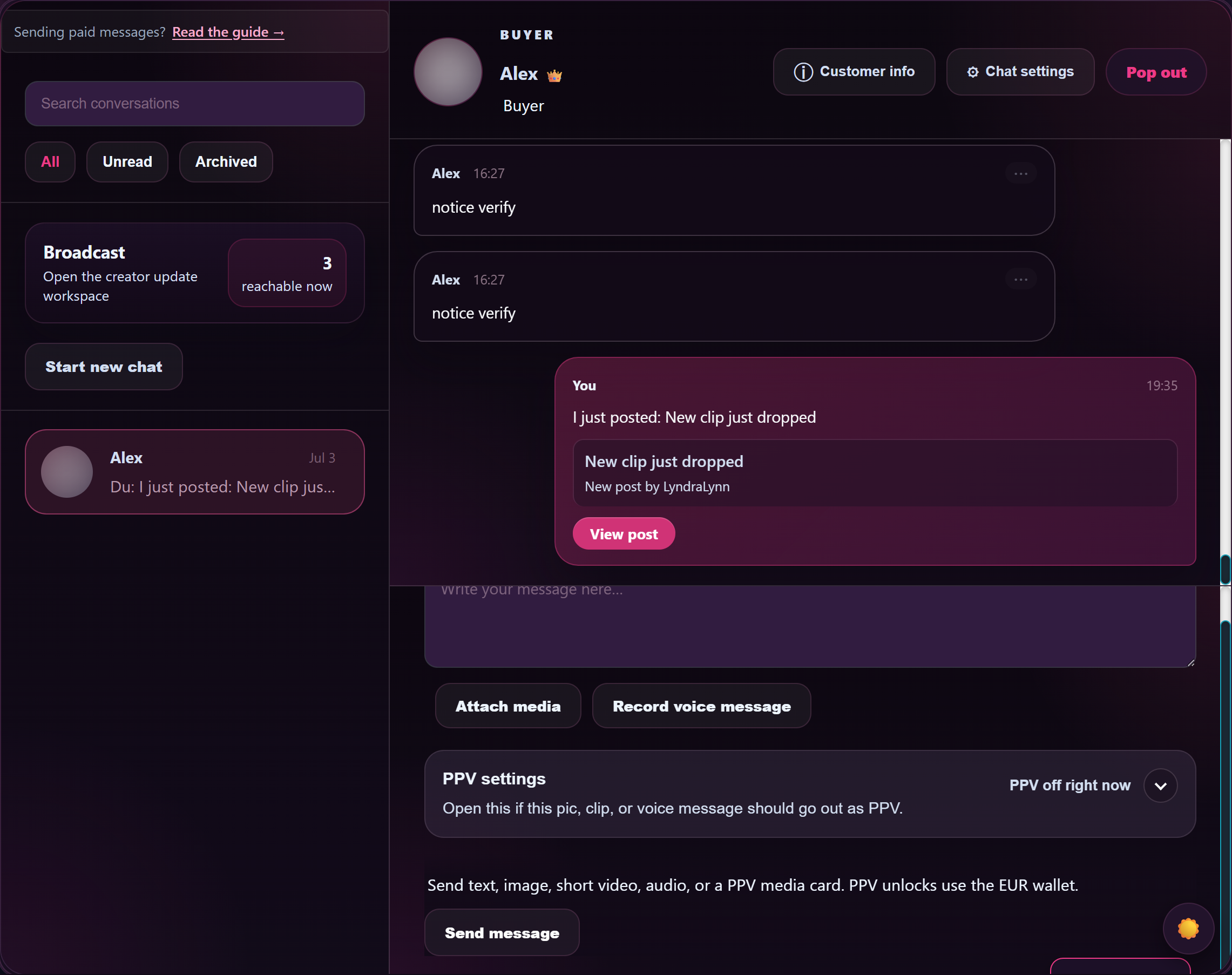 The Chat workspace in your store manager: conversation rail on the left, the open thread on the right.