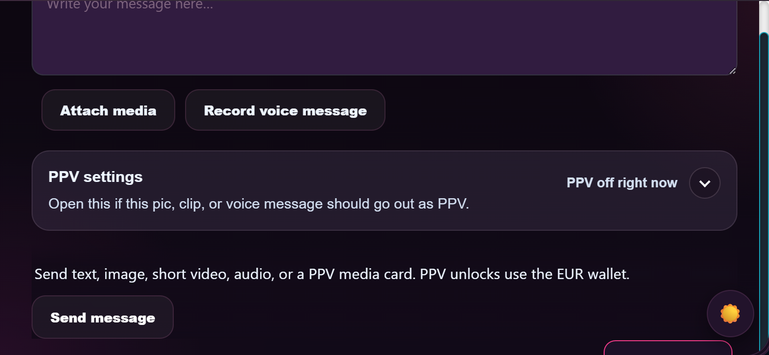 The compose box with PPV settings open — attach media, tick Use PPV and set the unlock price.