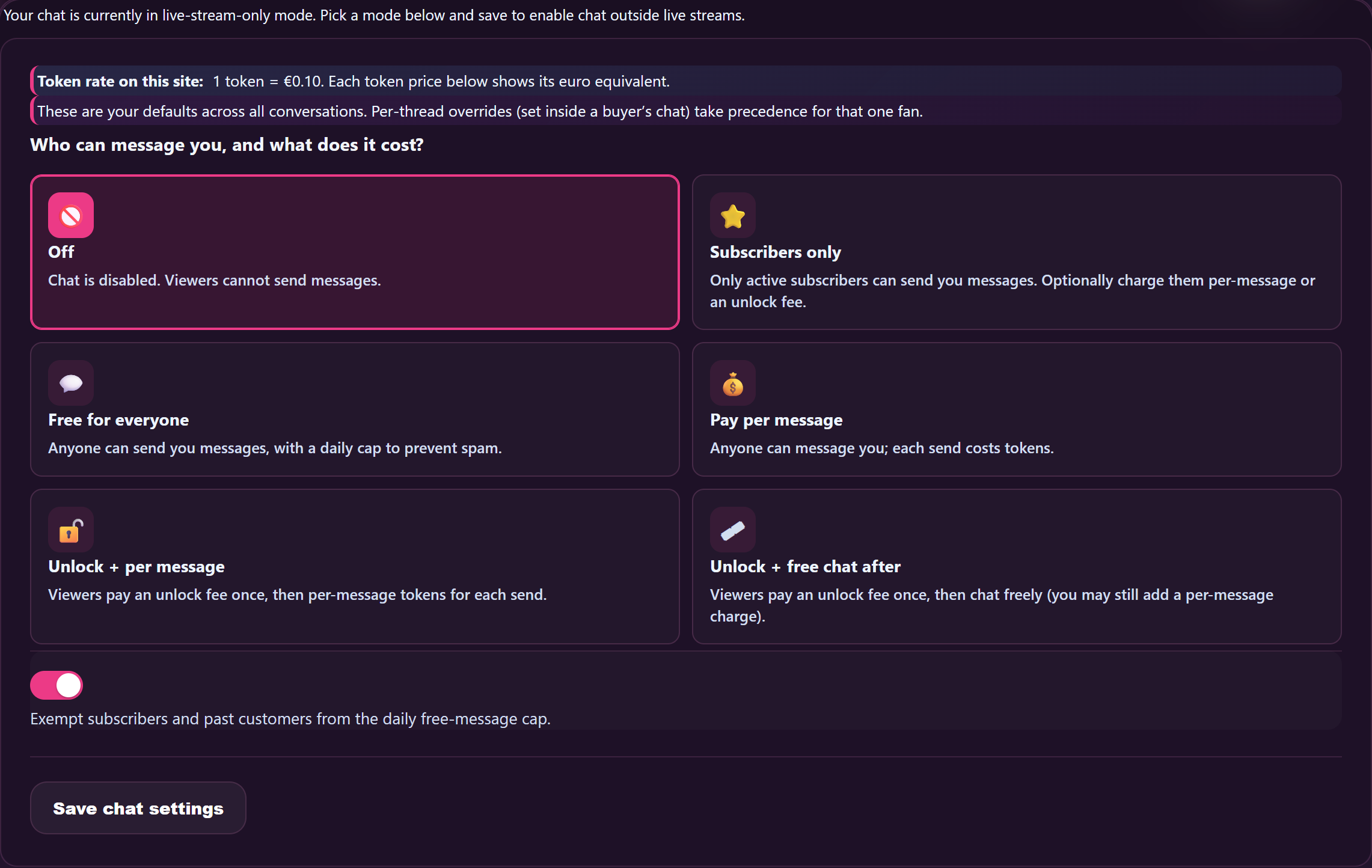 Chat defaults: choose what fans can send for free, per-text pricing and the paid media unlock.