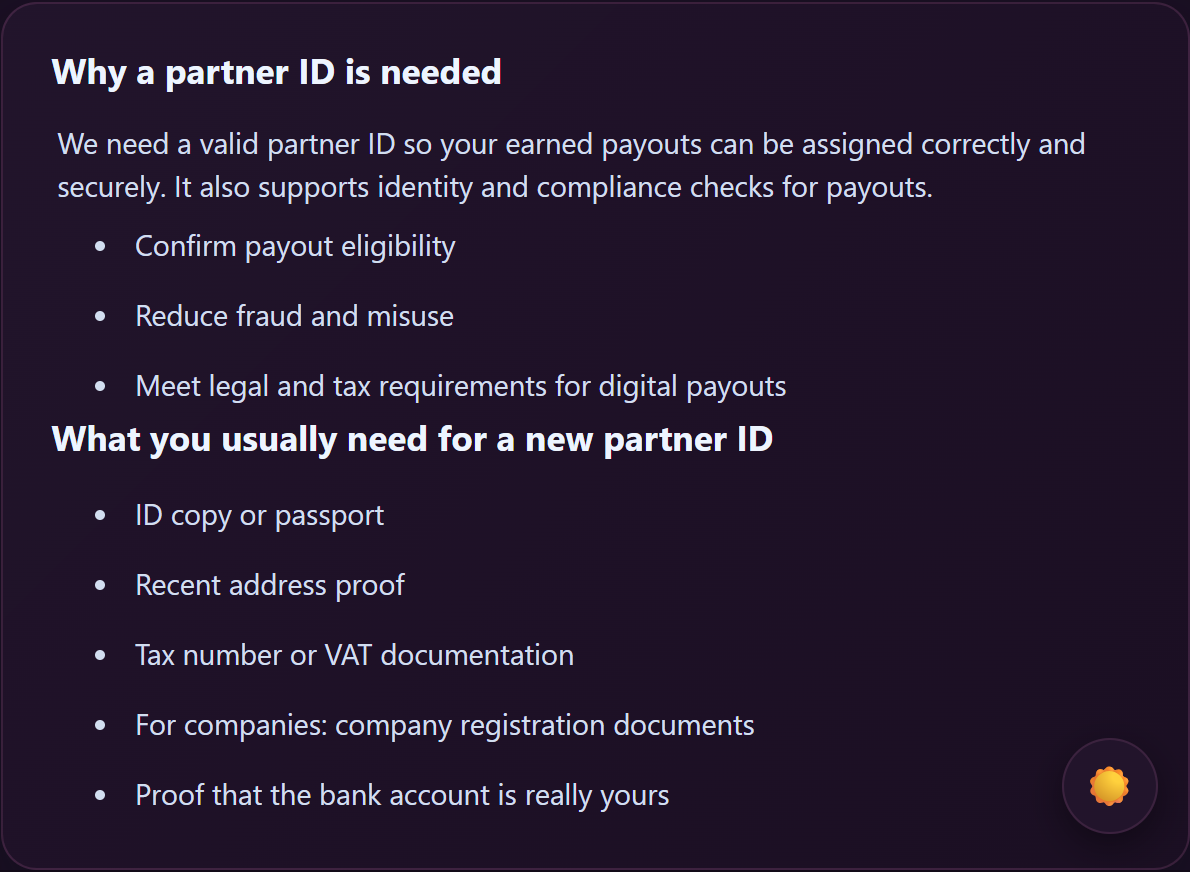 Payouts page with the "What you usually need for a new partner ID" checklist visible.
