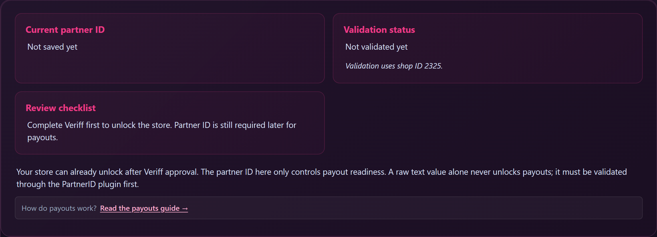 Top of /store-manager/payouts/ with the Partner-ID form and registration card visible.