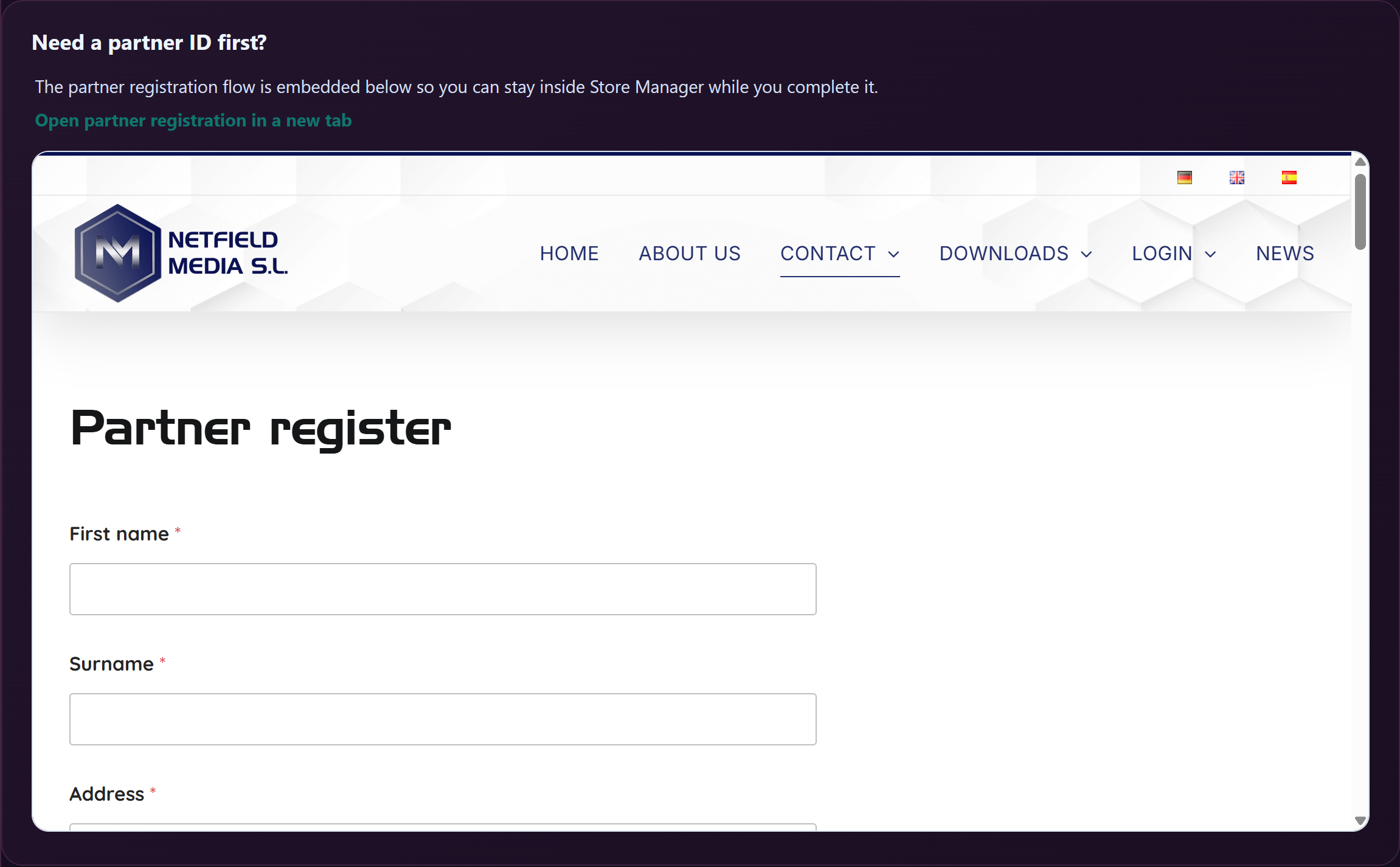 "Need a partner ID first?" card with "Open partner registration in a new tab" link visible.
