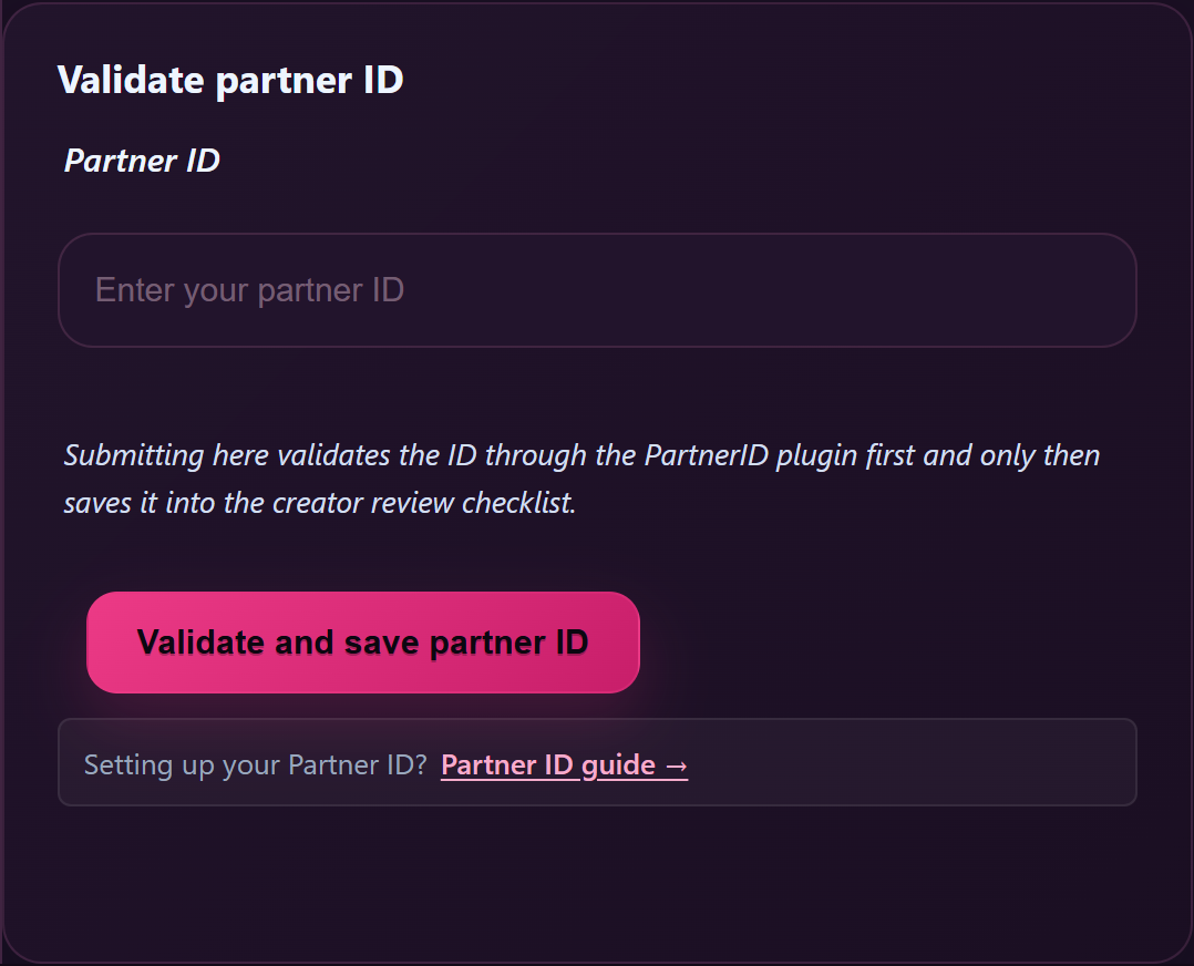 Validate partner ID form with the input filled and Validate button highlighted.