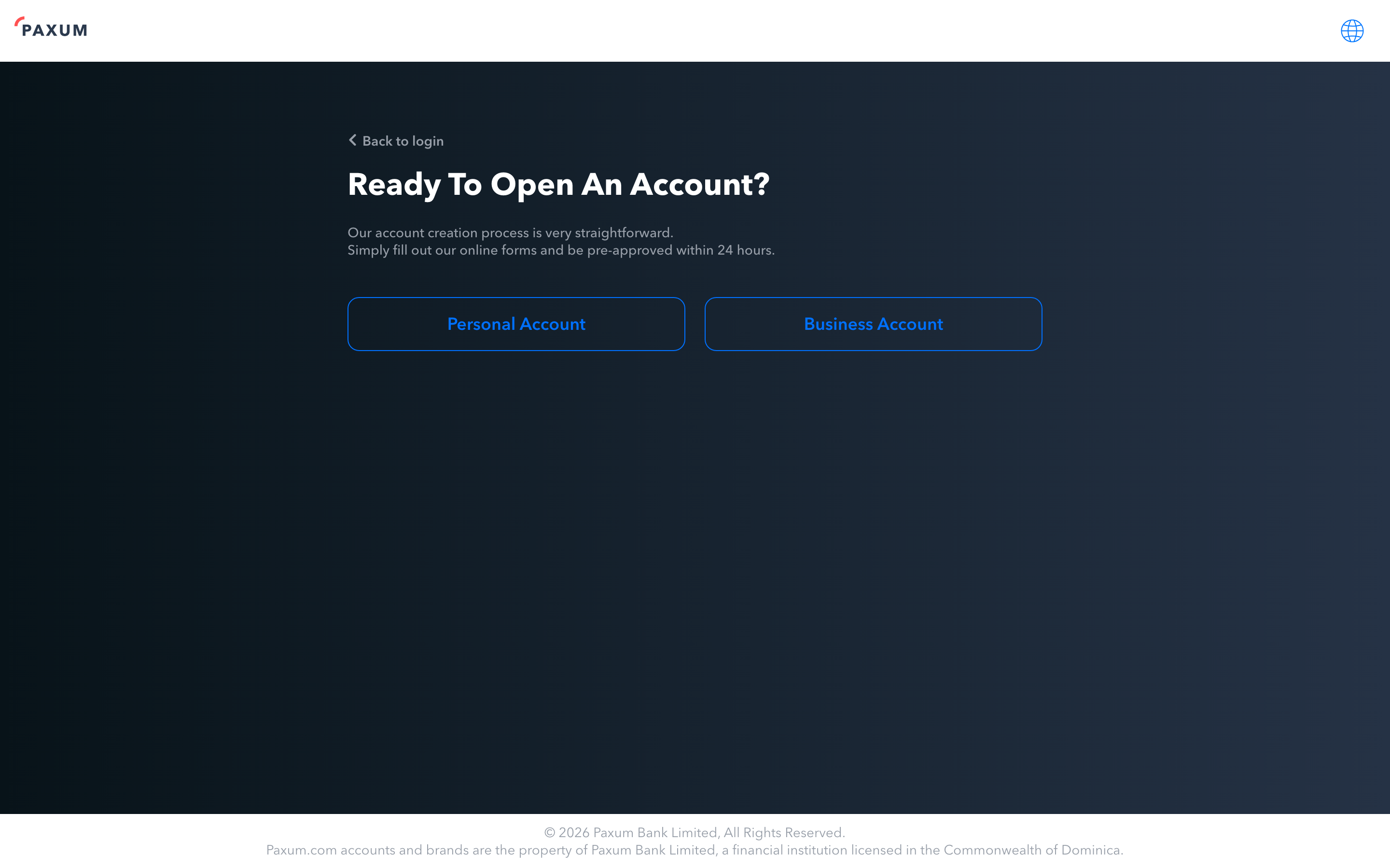 Paxum account creation: pick Personal Account.
