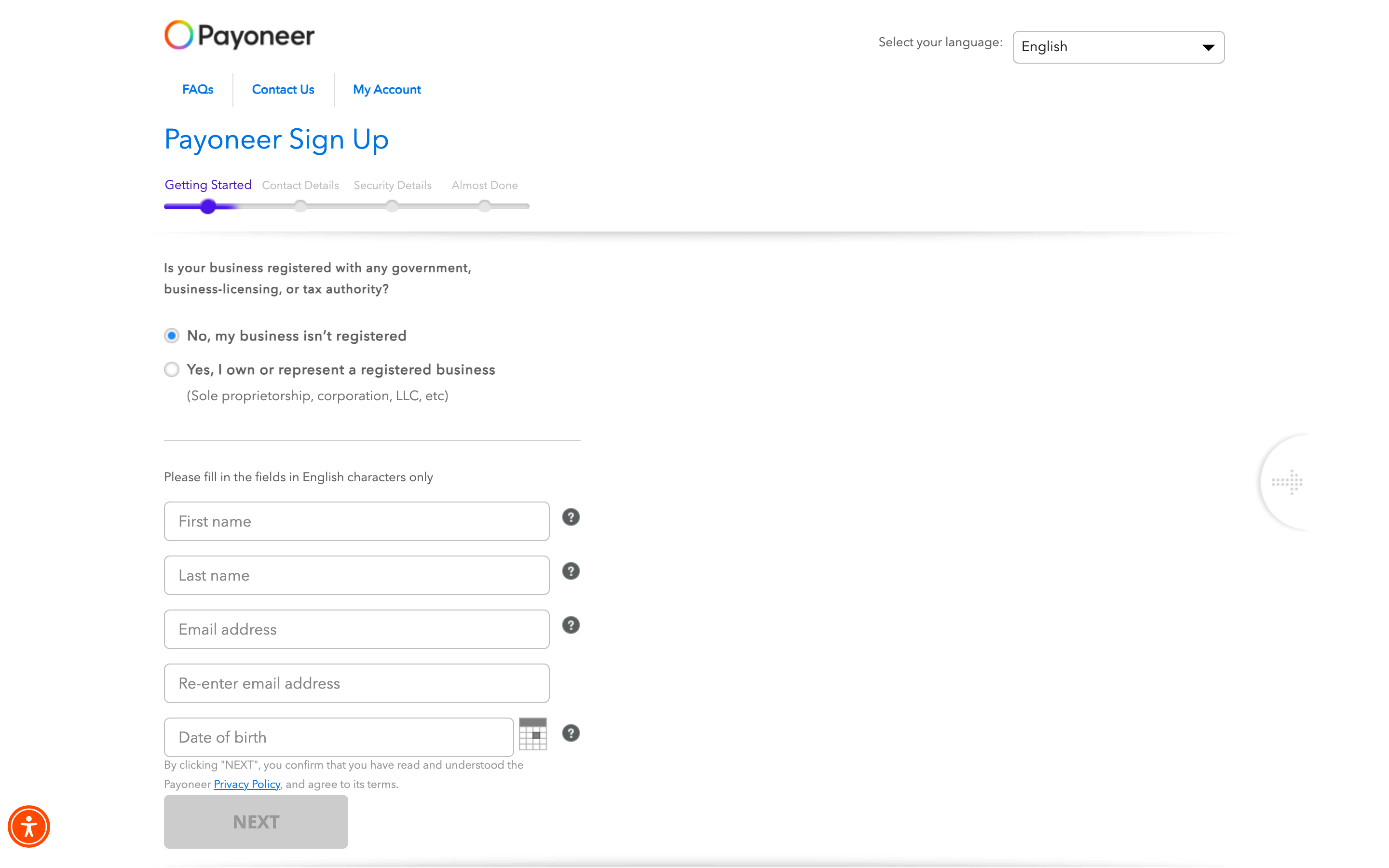 The Payoneer sign-up: answer "No, my business isn't registered" if you stream as an individual.