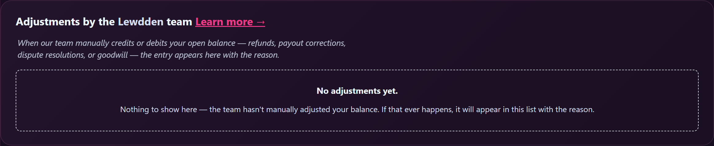 The Adjustments card on the payouts page with example credit and debit rows.