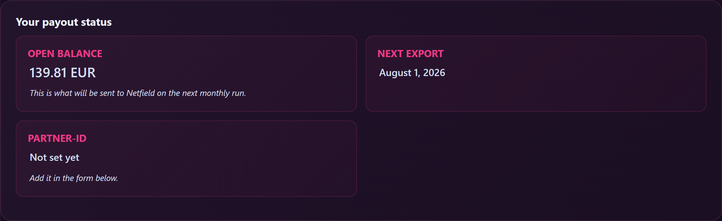Payouts page status card showing your rev-share rate and current open balance.