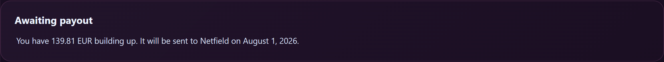 Status card showing "Next export" date and current open balance.