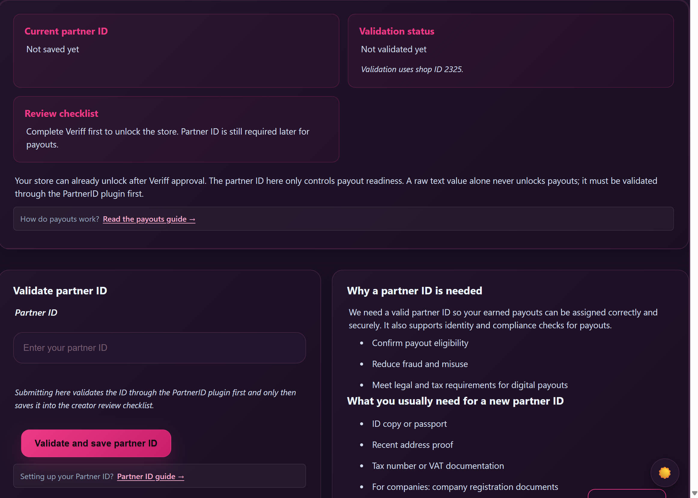 Payouts page with status card + Open and Paid blocks visible.