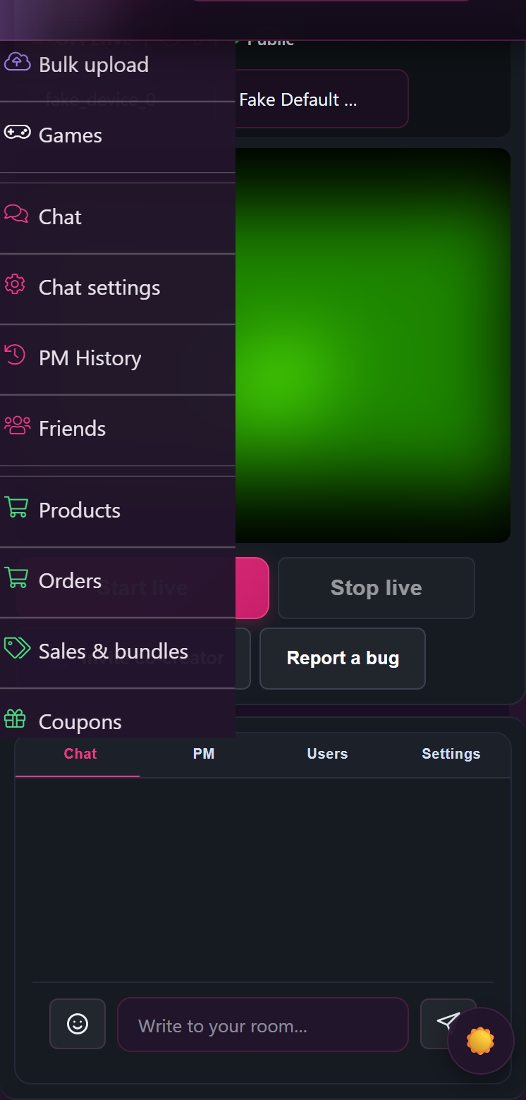 Livestream studio on a phone with the local preview and Start live.