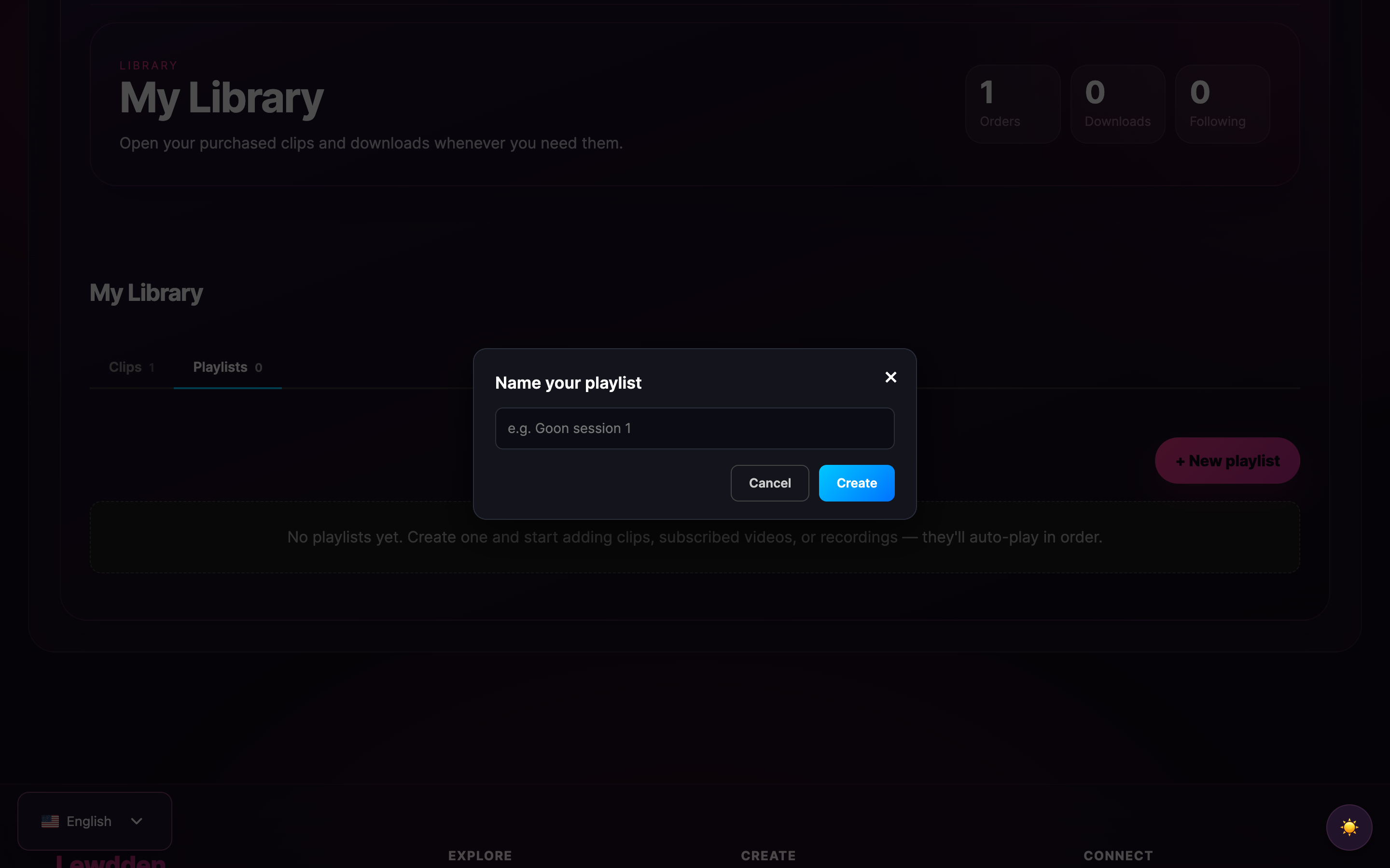 Building a playlist: the Playlists tab with New playlist and the naming dialog.