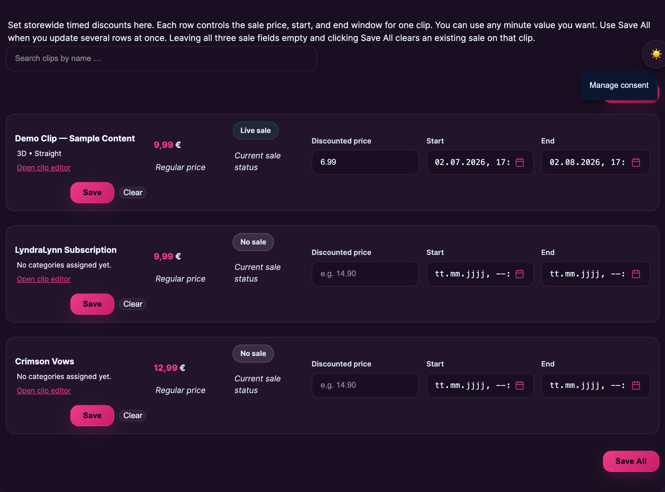 The Sales screen — discounted price plus start and end per clip, saved with Save All.