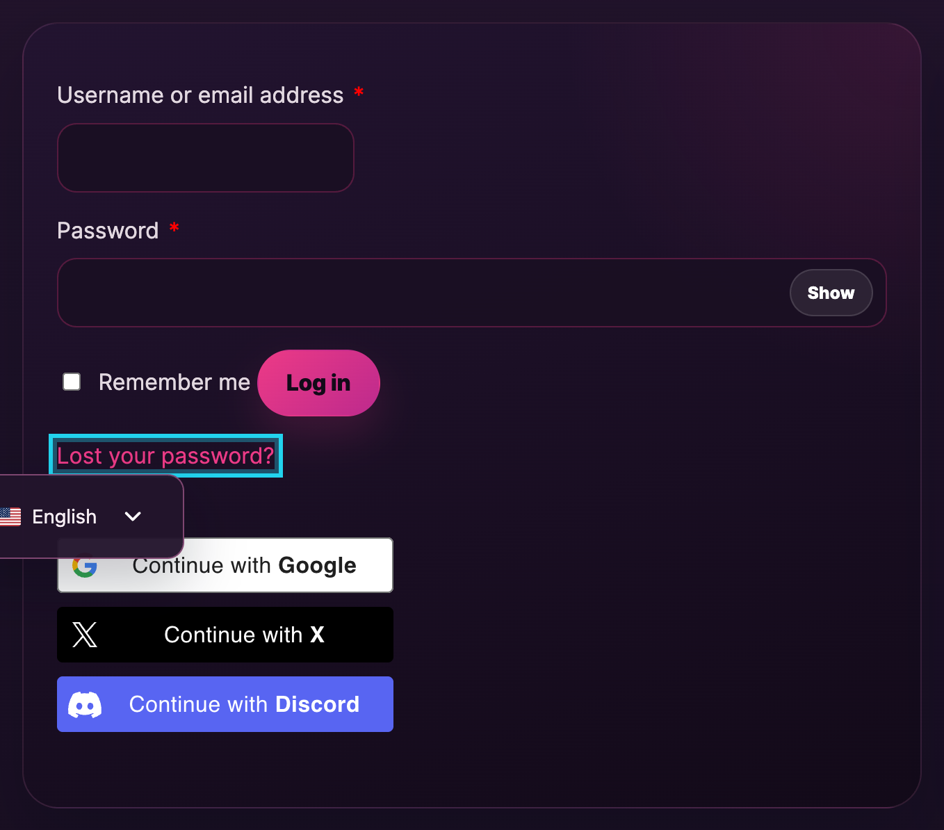 The login form — the "Lost your password?" link sits below the Log in button.