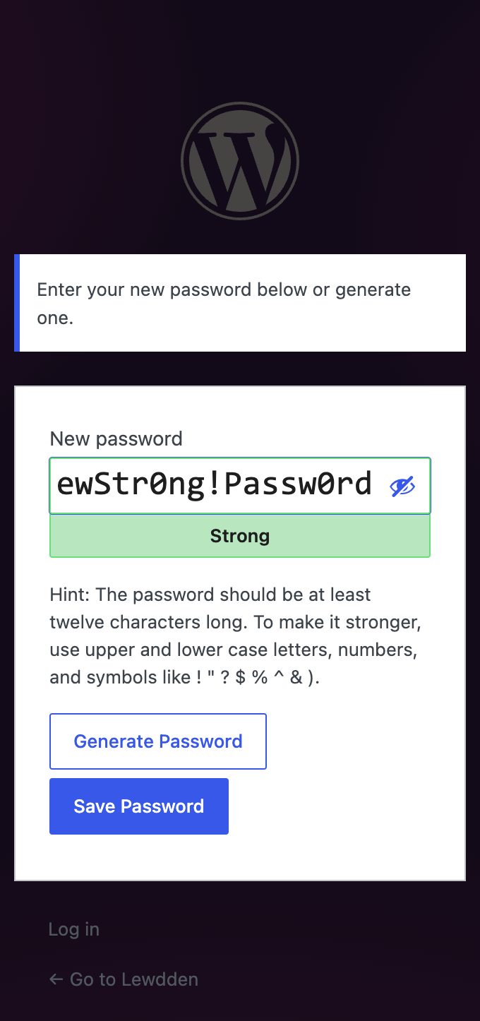 Pick a new password — the strength indicator updates as you type.
