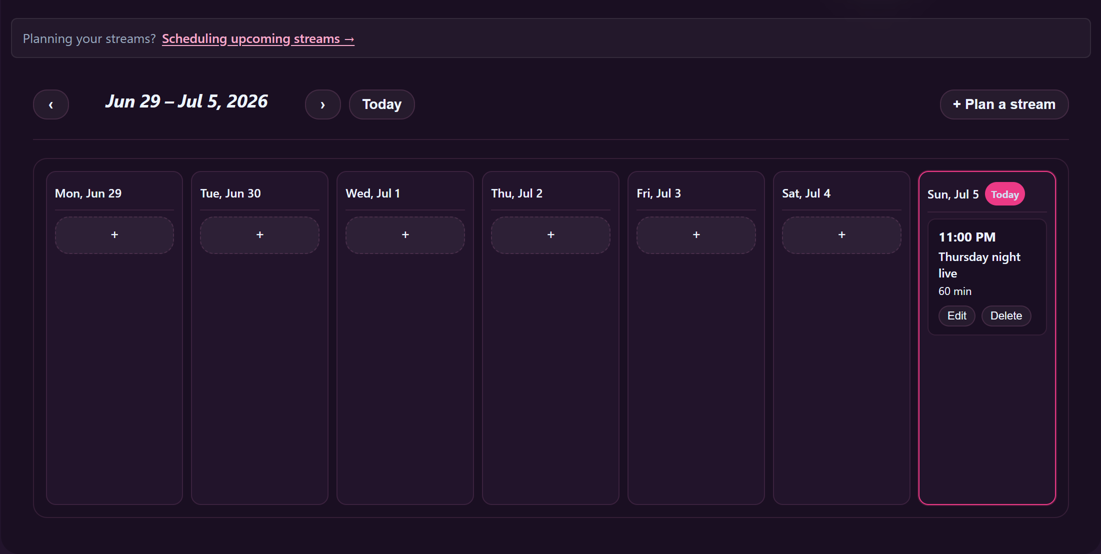 Weekly stream-schedule calendar with Plan a stream.