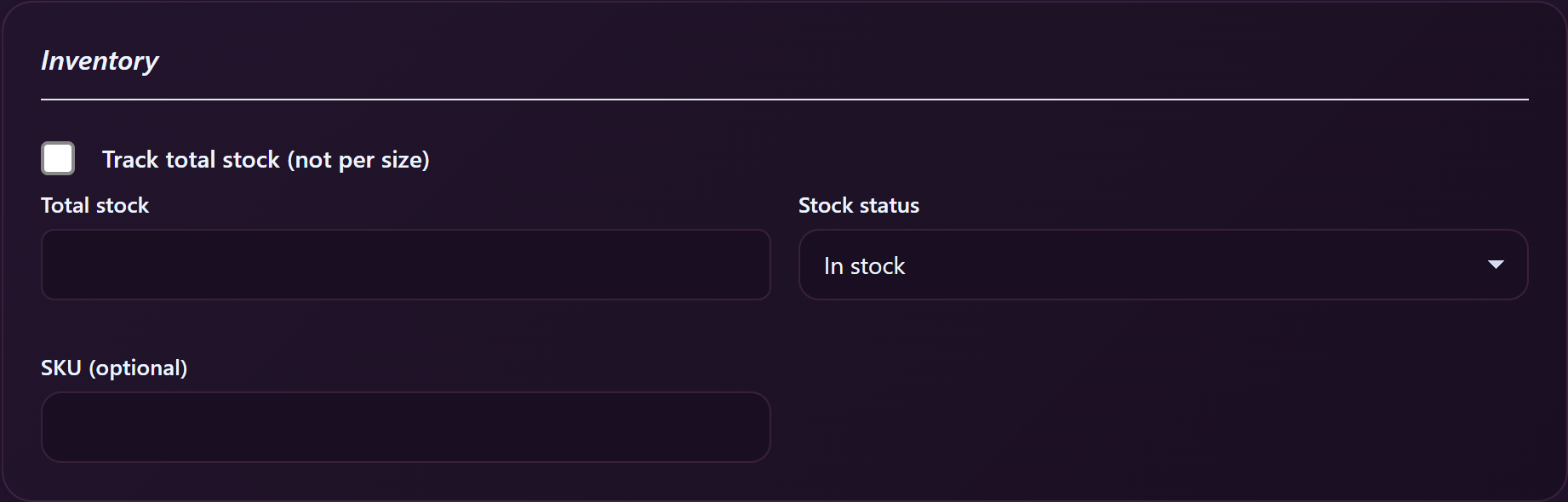 Inventory section with total stock, stock status and SKU.