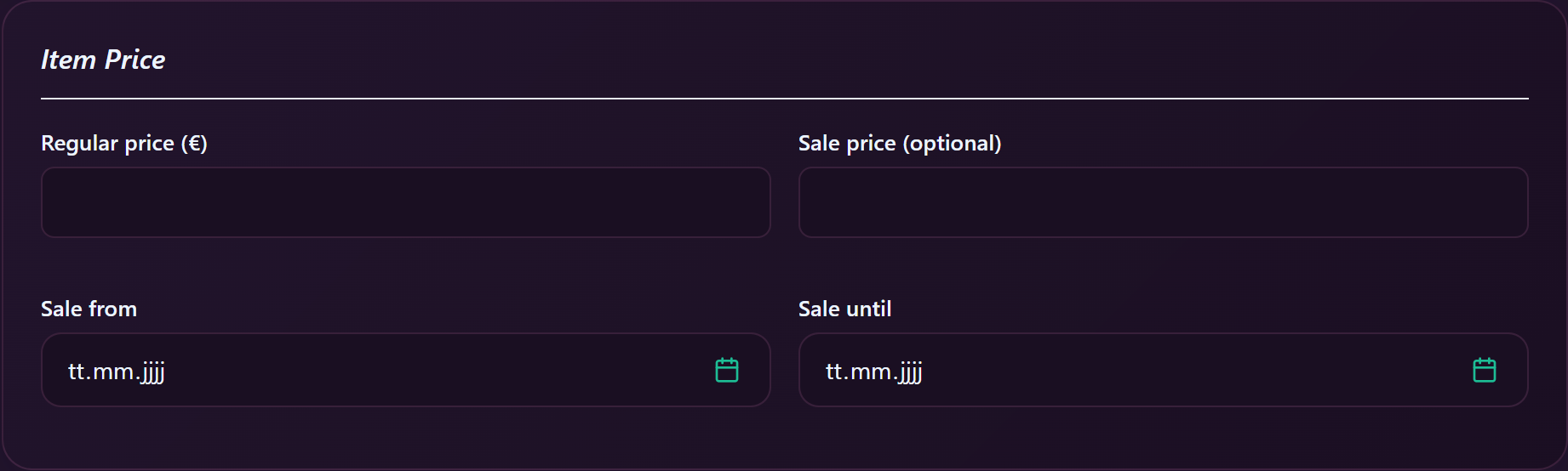Item price fields with regular and sale price.