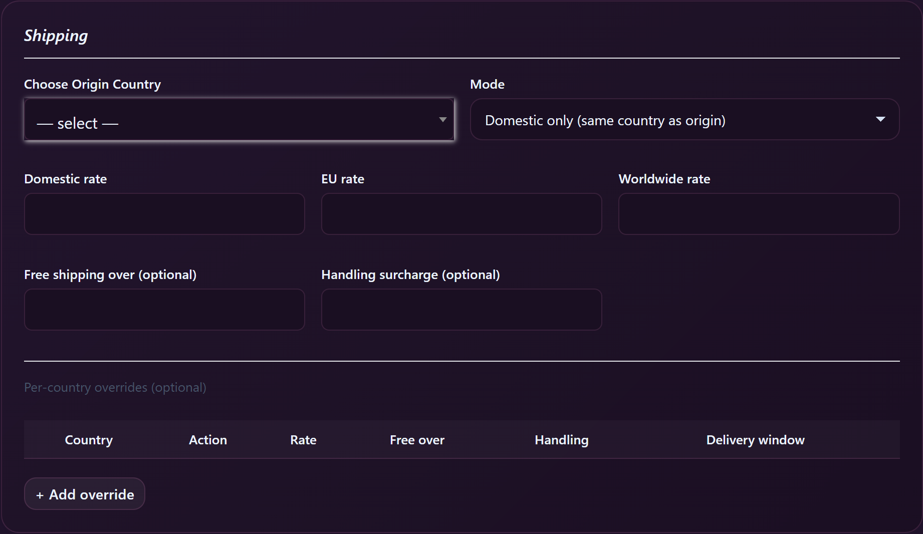 The Shipping card with origin country, mode and regional rates.